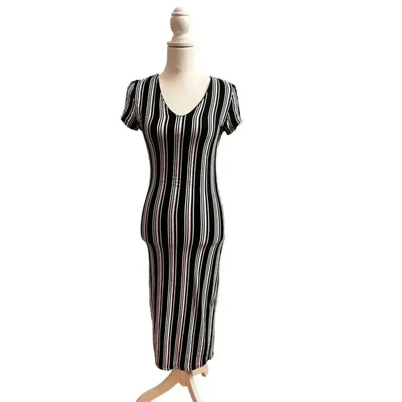 American dream dress v neck black and white striped short sleeve large - Picture 1 of 4